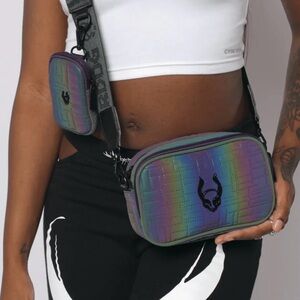 Cyberdog crossbody bag with detachable small pouch. Reflective rainbow colour.